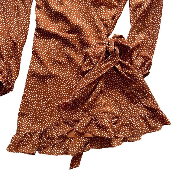 Polka Dot Wrap Dress with Ruffle Rust Orange Women's Size Small - Picture 2 of 4